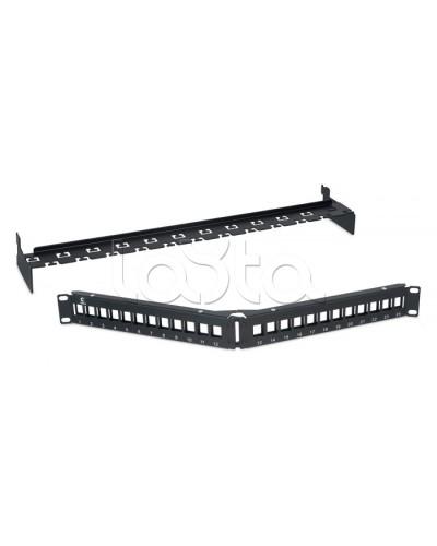 Патч-панель угловая модульная 19, 1U, 24 порта RJ-45, для неэкранированных модулей, с задним кабельным организатором (без модулей) Cabeus PLB-24-CON в Тюмени Патч панель Pintop.ru