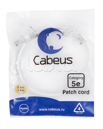 Патч-корд UTP, категория 5e, 0.5 м, неэкранированный, белый Cabeus PC-UTP-RJ45-Cat.5e-0.5m-WH в Тюмени Патчкорды (медные) Pintop.ru