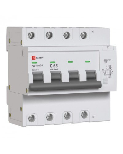 Дифференциальный автомат АД-4 63А/ 30мА (хар. C, AC, электронный) 6кА EKF PROxima (DA4-6-63-30-pro) в Тюмени Электротехническое оборудование Pintop.ru