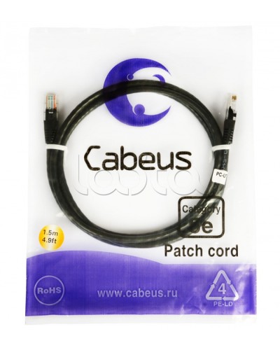 Патч-корд 2xRJ-45/8P8C U/UTP кат.5е (2 м) Cabeus PC-UTP-RJ45-CAT.5E-2M-BK в Тюмени Патчкорды (медные) Pintop.ru
