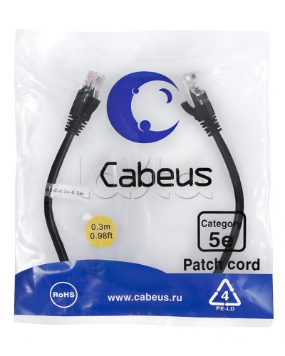 Патч-корд медный U/UTP кат.5е (0,3м) LSZH (черный) Cabeus (PC-UTP-RJ45-Cat.5e-0.3m-BK-LSZH) в Тюмени Патчкорды (медные) Pintop.ru