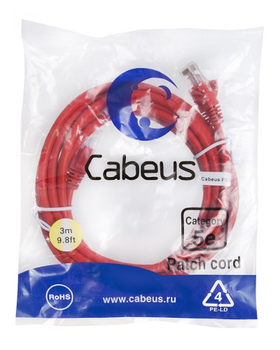 Патч-корд медный U/UTP кат.5е (3м) LSZH (красный) Cabeus (PC-UTP-RJ45-Cat.5e-3m-RD-LSZH) в Тюмени Патч-корды и пигтейлы Pintop.ru