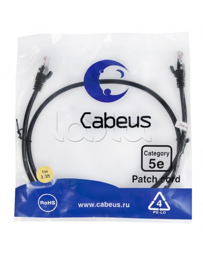 Патч-корд медный U/UTP кат.5е (1м) LSZH (черный) Cabeus (PC-UTP-RJ45-Cat.5e-1m-BK-LSZH) в Тюмени Патчкорды (медные) Pintop.ru