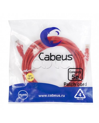 Патч-корд медный U/UTP кат.5е (5м) LSZH (красный) Cabeus (PC-UTP-RJ45-Cat.5e-5m-RD-LSZH) в Тюмени Патчкорды (медные) Pintop.ru